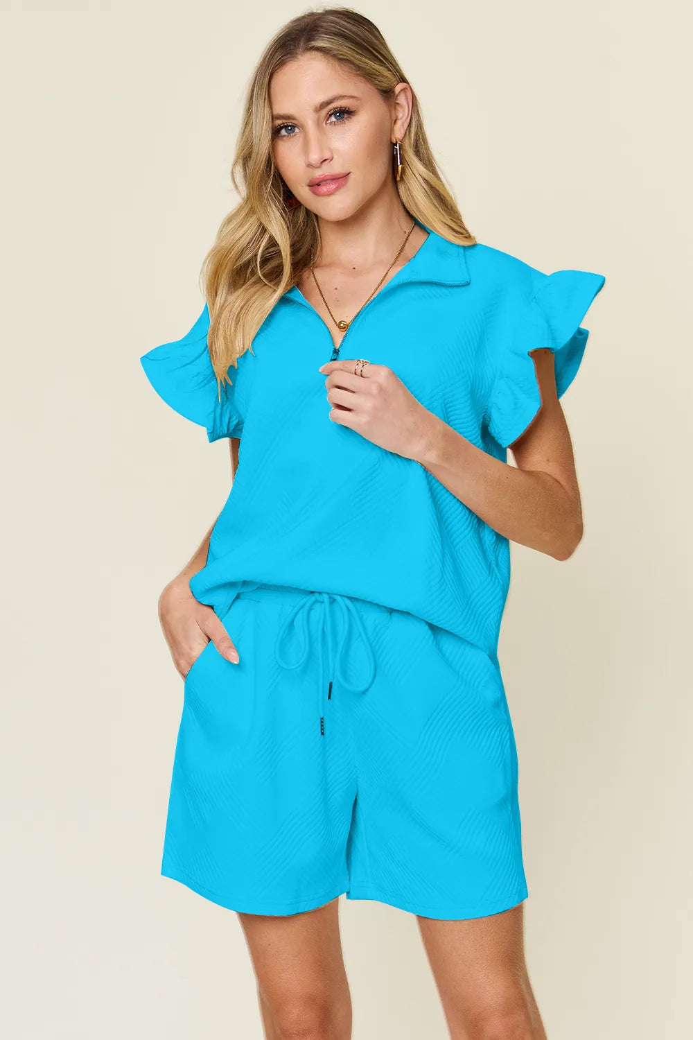 Double Take Full Size Texture Flounce Sleeve Top and Drawstring Shorts Set Sky Blue