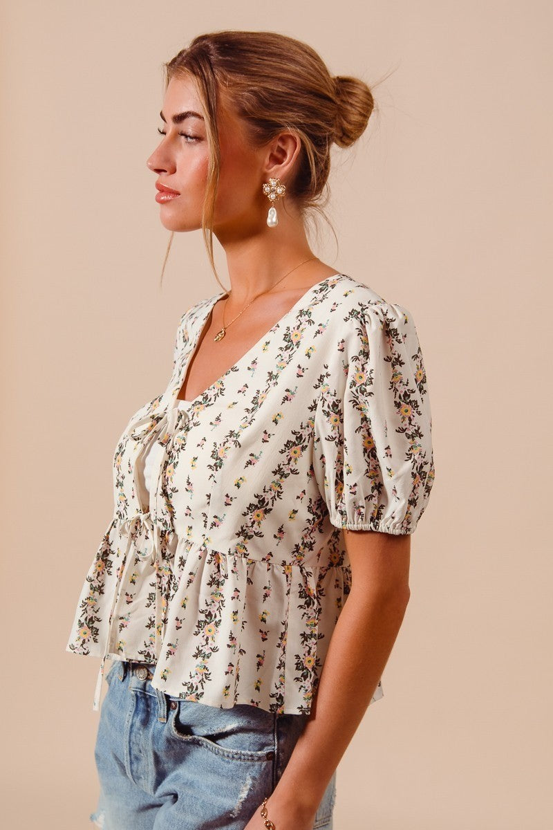 SO ME Floral Print Tie Front Shirred Hem Blouse