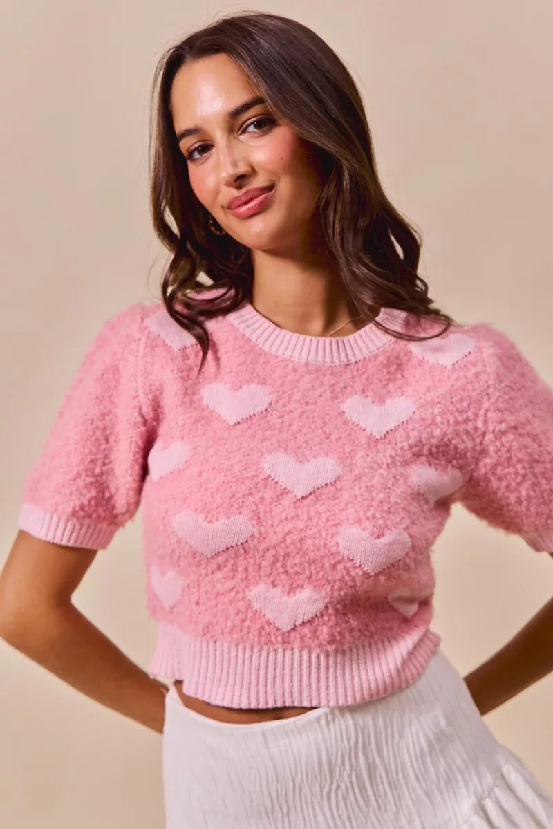 SO ME All Over Heart Valentine Cropped Sweater PINK BLUSH