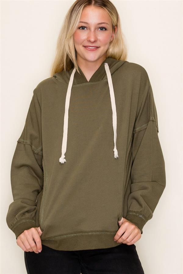 Person wearing an olive green hoodie with a plain background