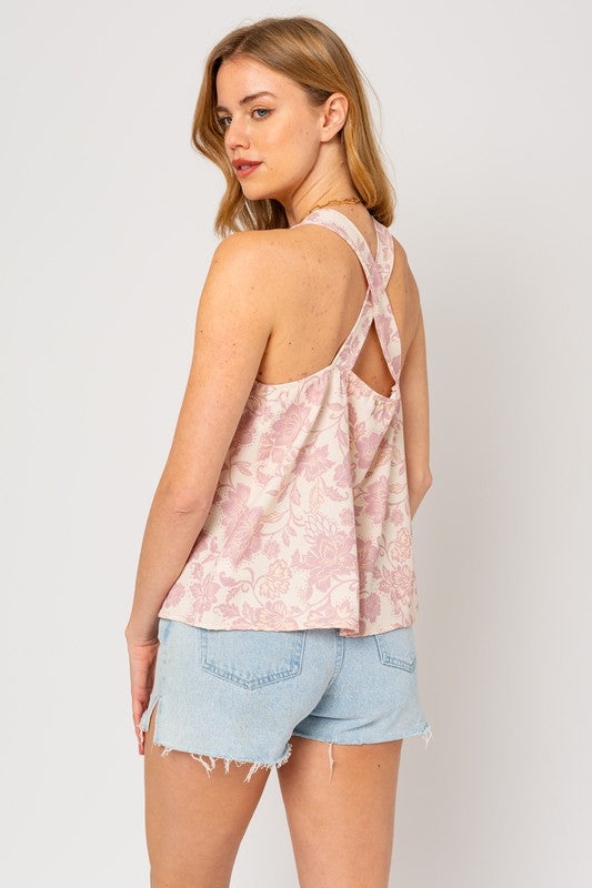 Sleeveless V Neck Back Cross Strap Floral Top