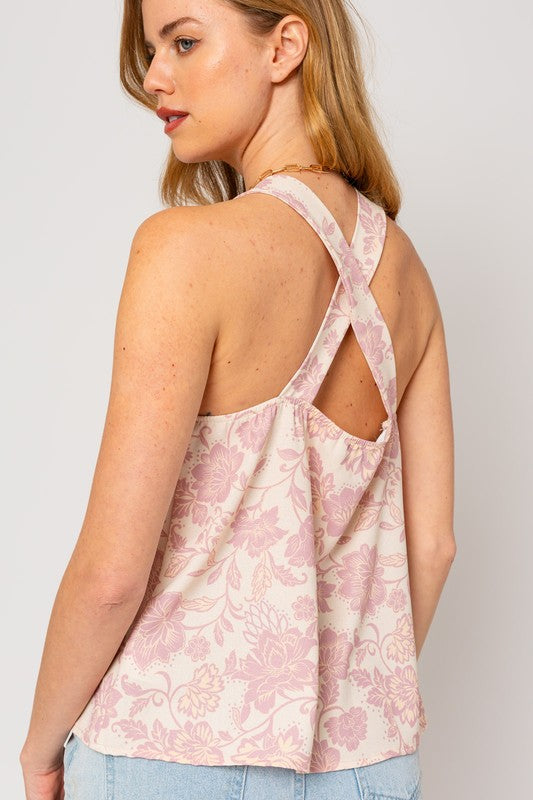 Sleeveless V Neck Back Cross Strap Floral Top