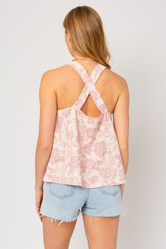 Sleeveless V Neck Back Cross Strap Floral Top