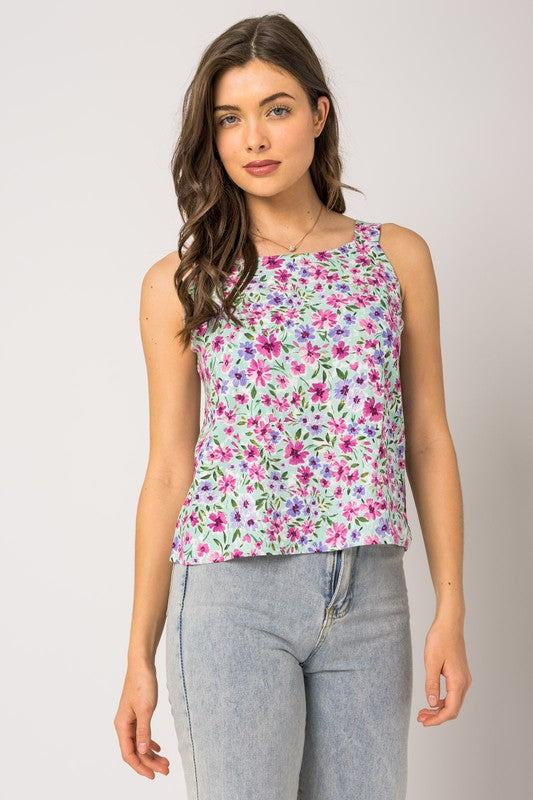 Sleeveless Back Self Tie Floral Top