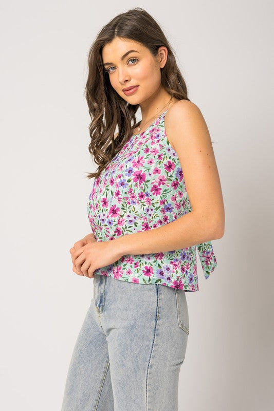 Sleeveless Back Self Tie Floral Top