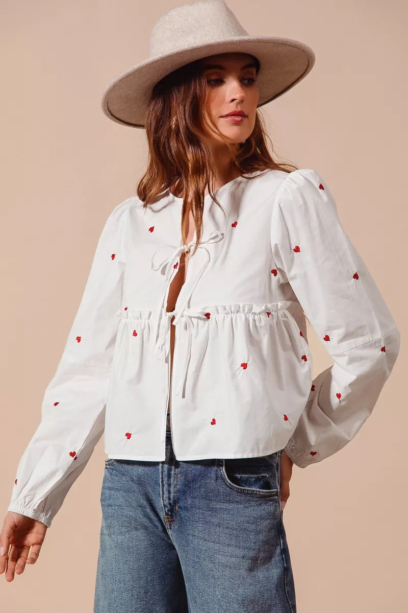 SO ME Front Tie Heart Embroidered Blouse With Puff Sleeve