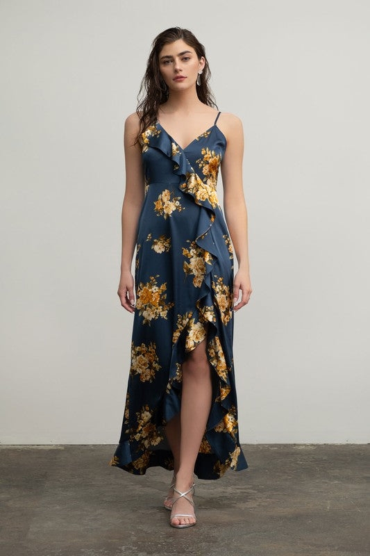 Floral Sleeveless Ruffle Wrap Maxi Dress