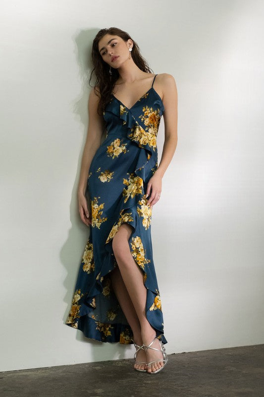 Floral Sleeveless Ruffle Wrap Maxi Dress