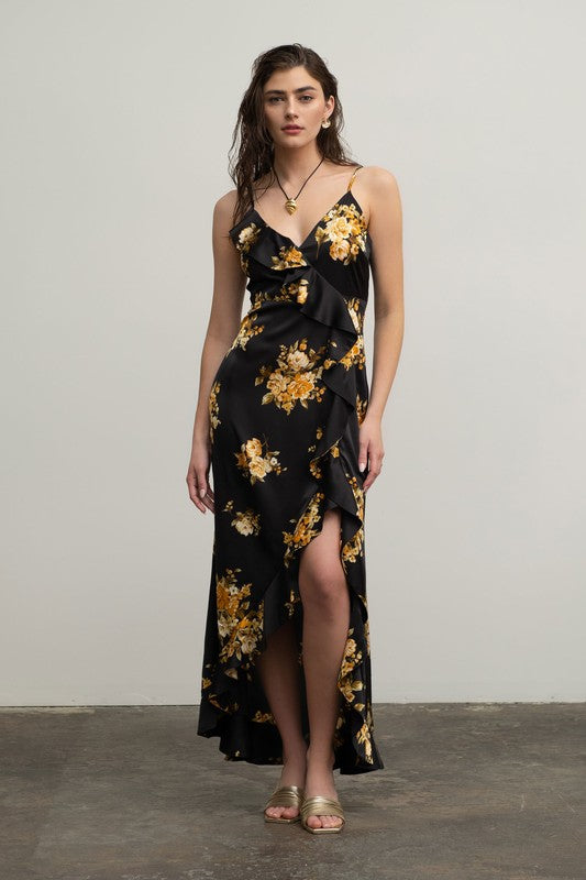 Floral Sleeveless Ruffle Wrap Maxi Dress