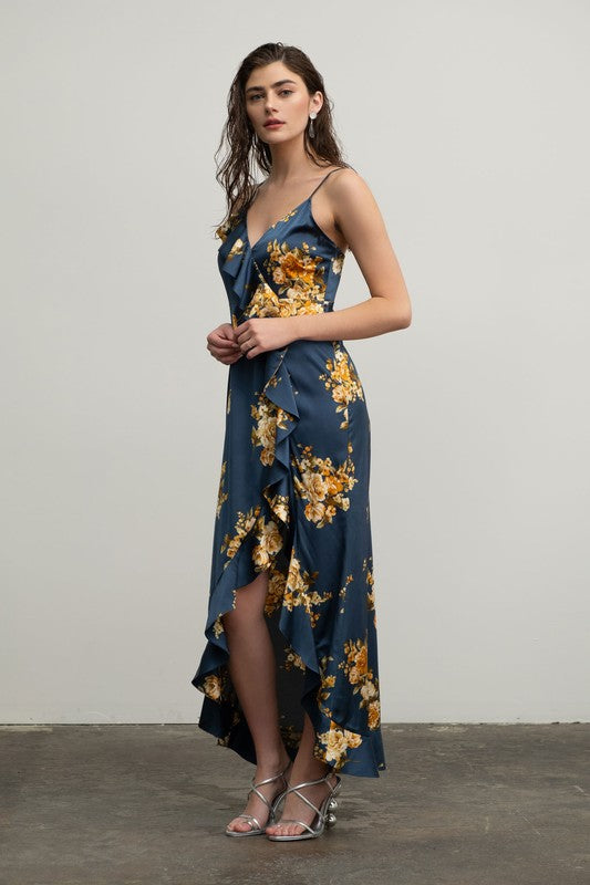 Floral Sleeveless Ruffle Wrap Maxi Dress