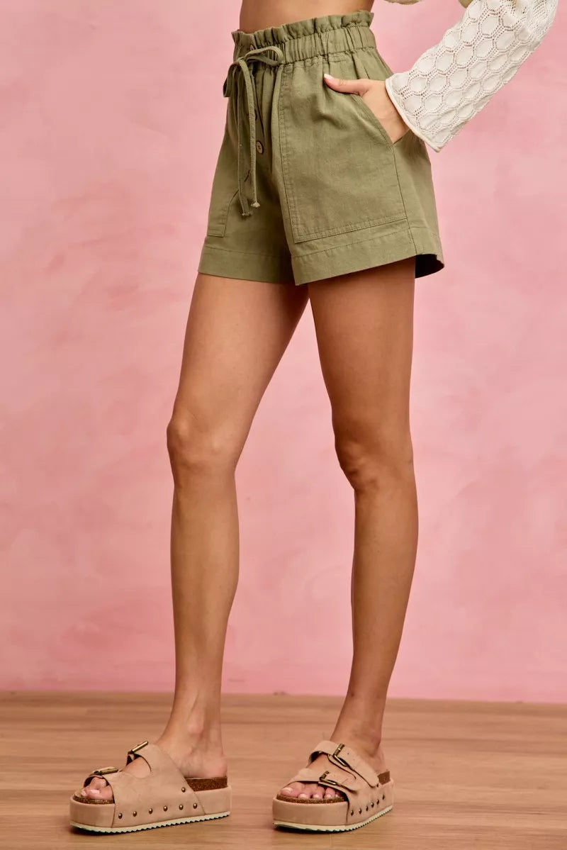 SO ME Paper Bag Patch Pocket Drawstring Twill Shorts