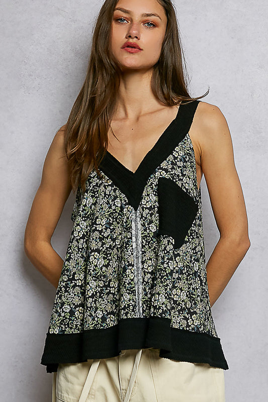 POL Floral V-Neck Tank with Front Pocket BLACK MULTI