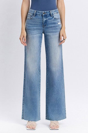 Olivia Mid Rise Clean Cut Raw Hem Wide Jeans