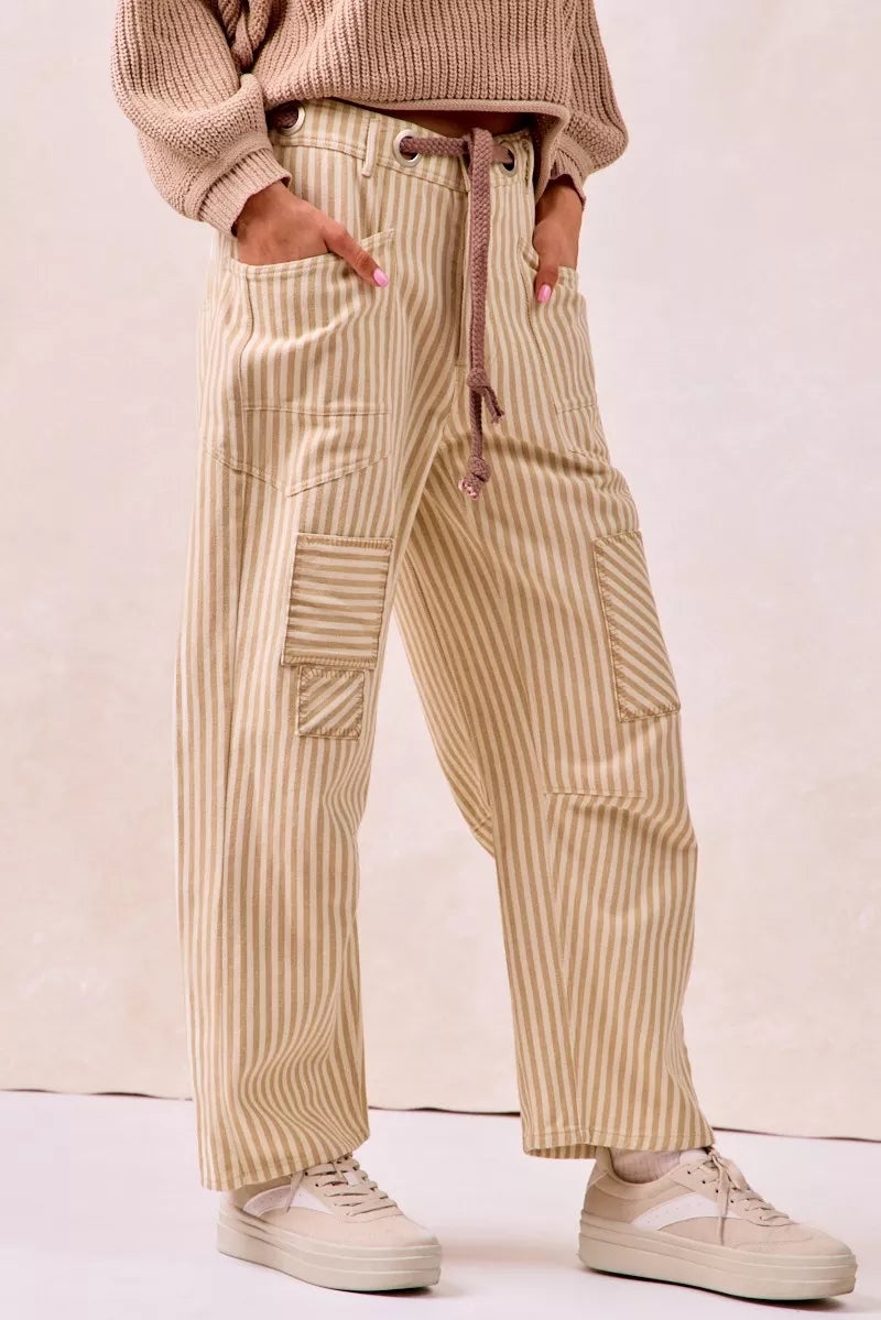 BiBi Drawstring Striped Twill Barrel Pants