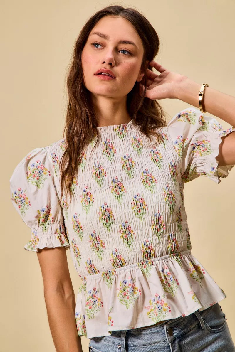 SO ME Floral Cotton Smocked Short Sleeves Blouse