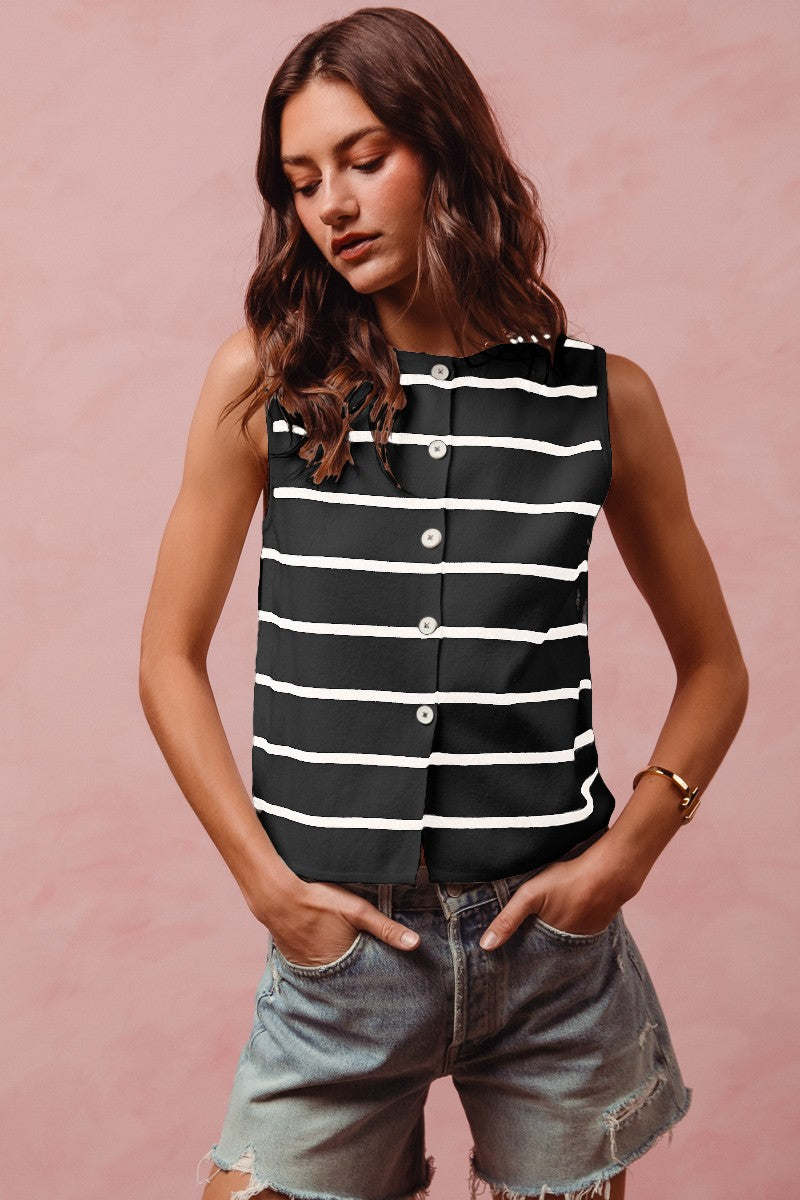 SO ME Button Front Stripe Fine Sweater Sleeveless Top BLACK OFF WHITE