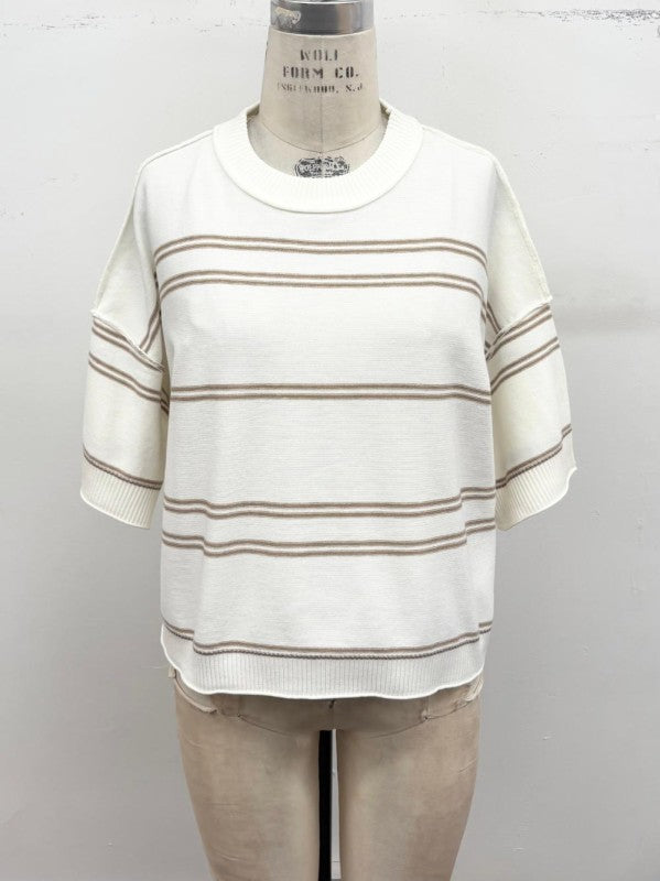 Apricot Lane Duluth Sutton striped knit sweater in cream with brown stripes, featuring short sleeves and a crew neck.