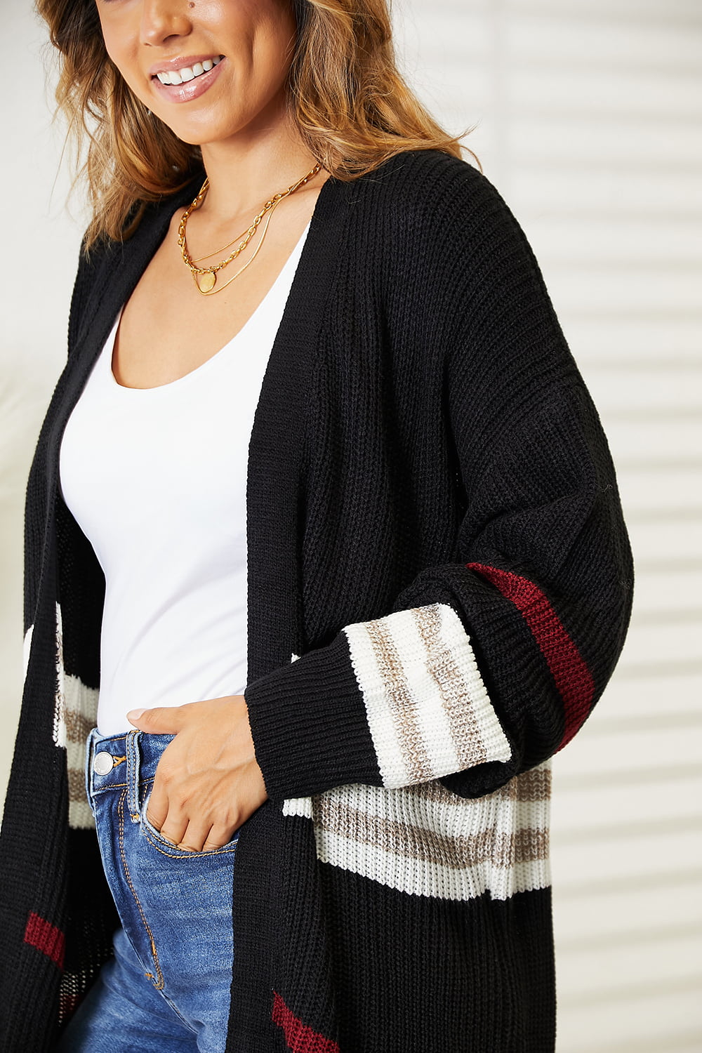 Perfee Striped Rib-Knit Drop Shoulder Open Front Cardigan