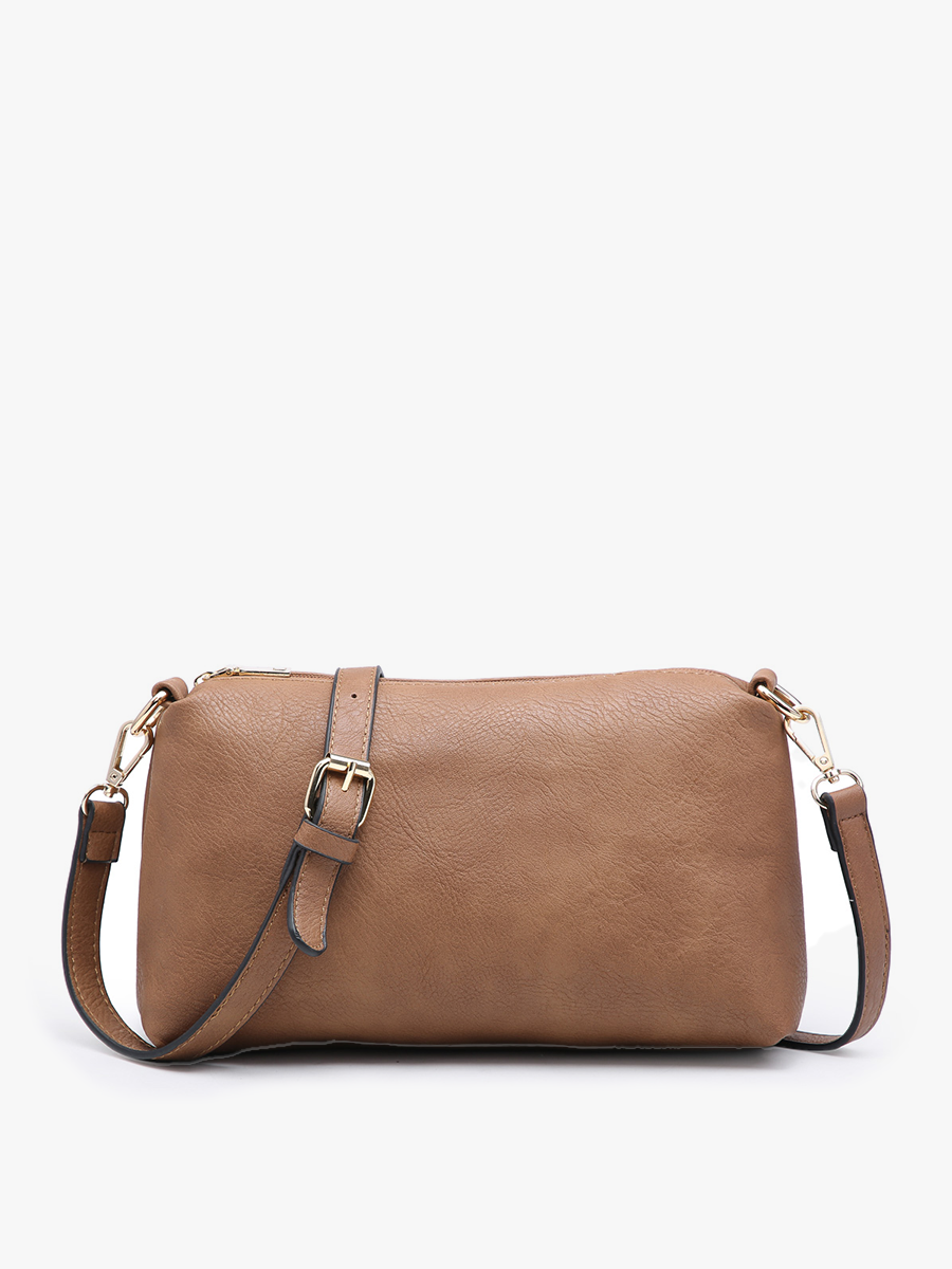 Brown leather handbag on a white background