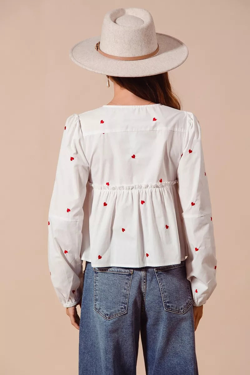 SO ME Front Tie Heart Embroidered Blouse With Puff Sleeve