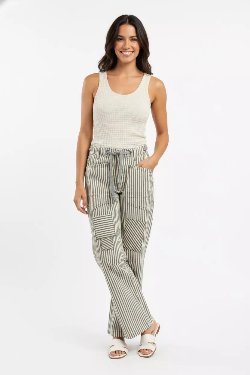 BiBi Drawstring Striped Twill Barrel Pants GREY