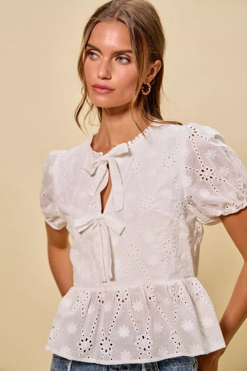 SO ME Cotton Eyelet Front Tie Short Sleeves Blouse