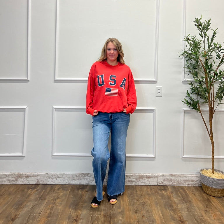 Person wearing a red 'USA' sweatshirt and blue jeans standing in a room with a white wall and a plant.