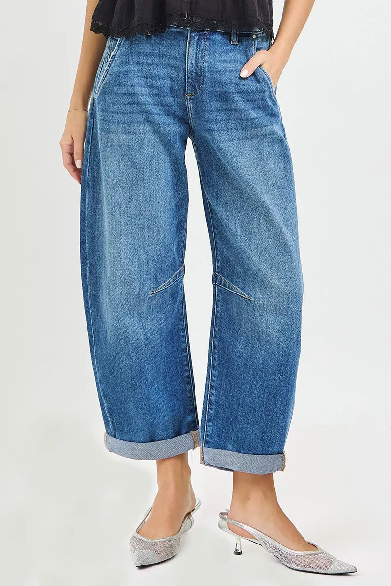 RISEN Slouchy Cropped Barrel Jeans With Cuffed Hem
