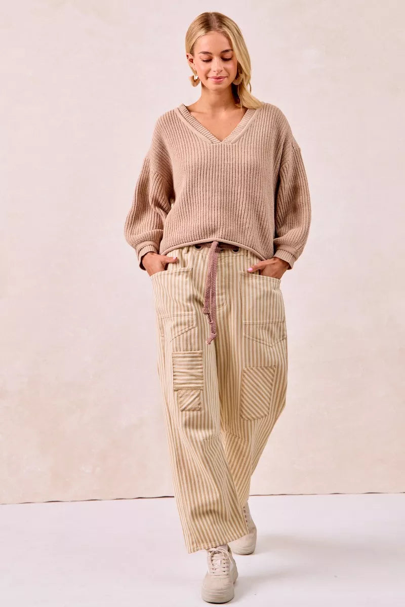 BiBi Drawstring Striped Twill Barrel Pants