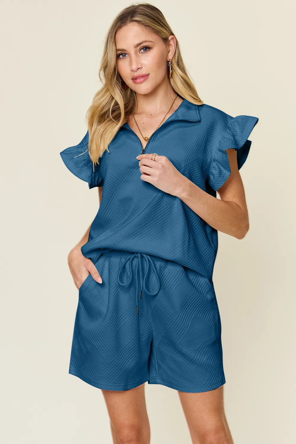 Double Take Full Size Texture Flounce Sleeve Top and Drawstring Shorts Set French Blue