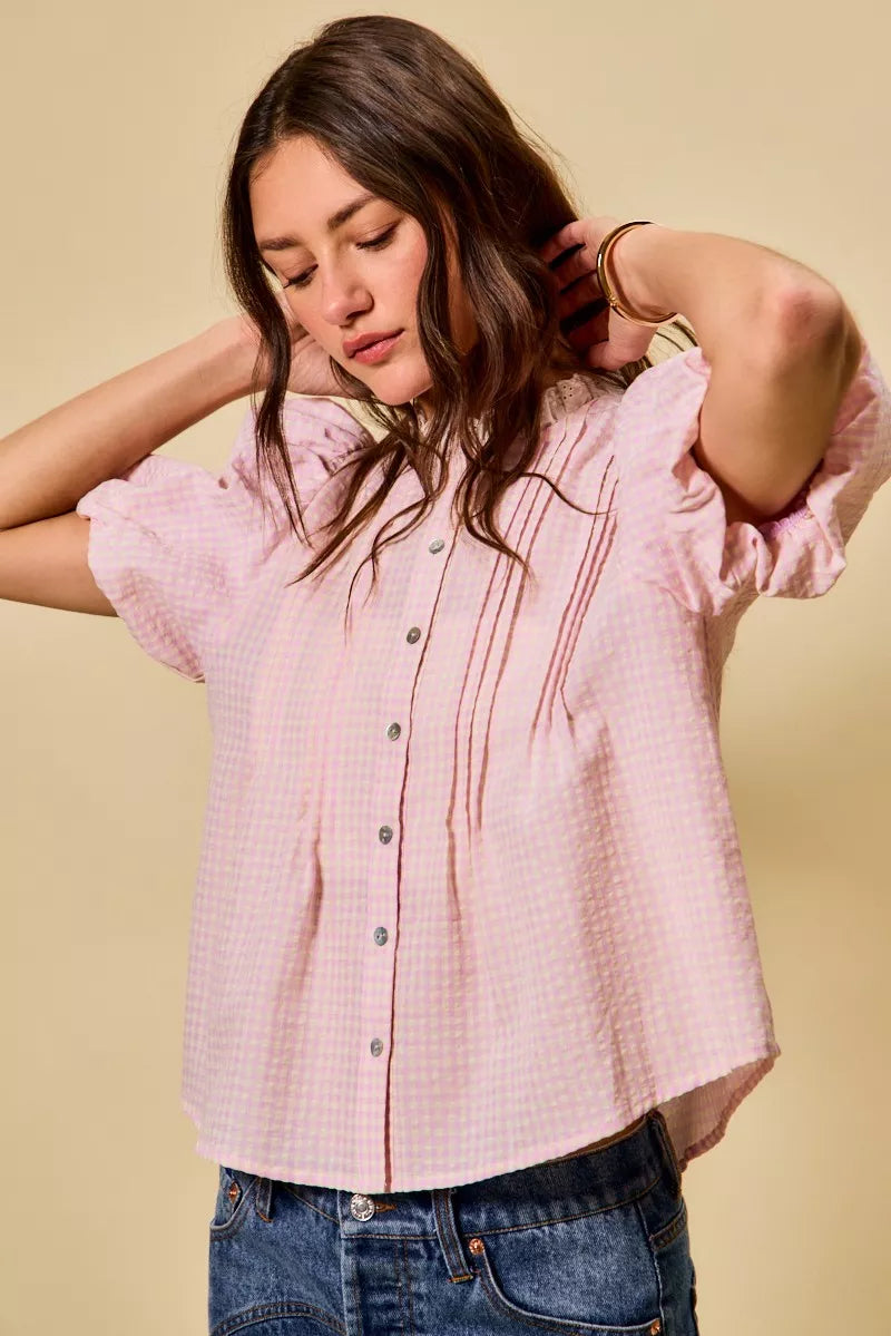SO ME Gingham Lace Trim Button Bubble Sleeves Blouse
