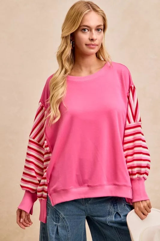 BiBi French Terry Stripe Combo Sweatshirt with Open Seam