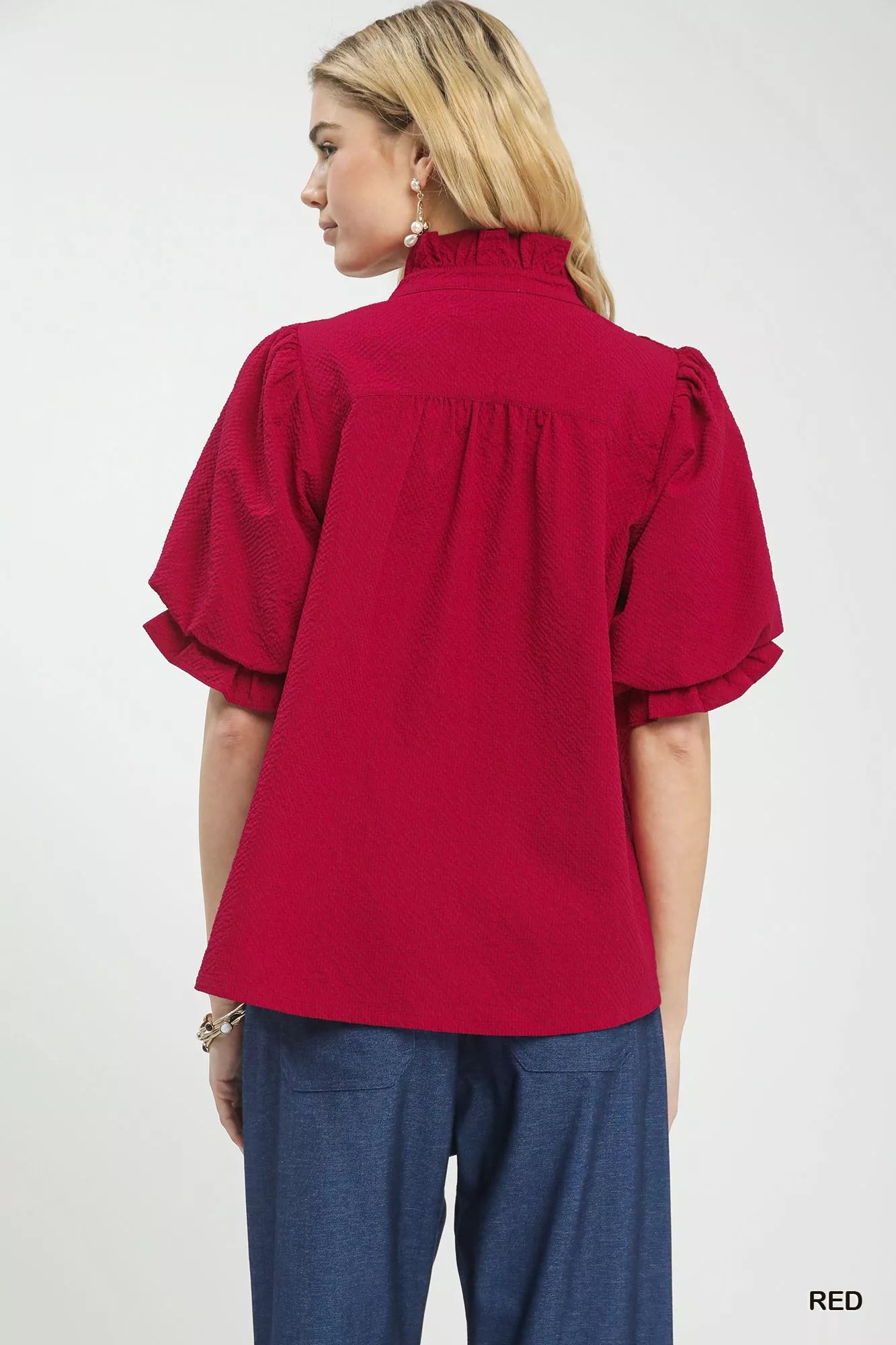 Umgee Textured Smocked Yoke Split-Neck Top
