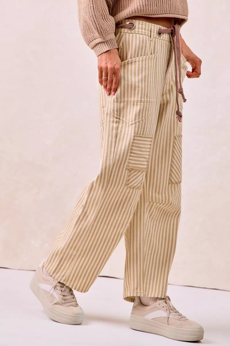 BiBi Drawstring Striped Twill Barrel Pants