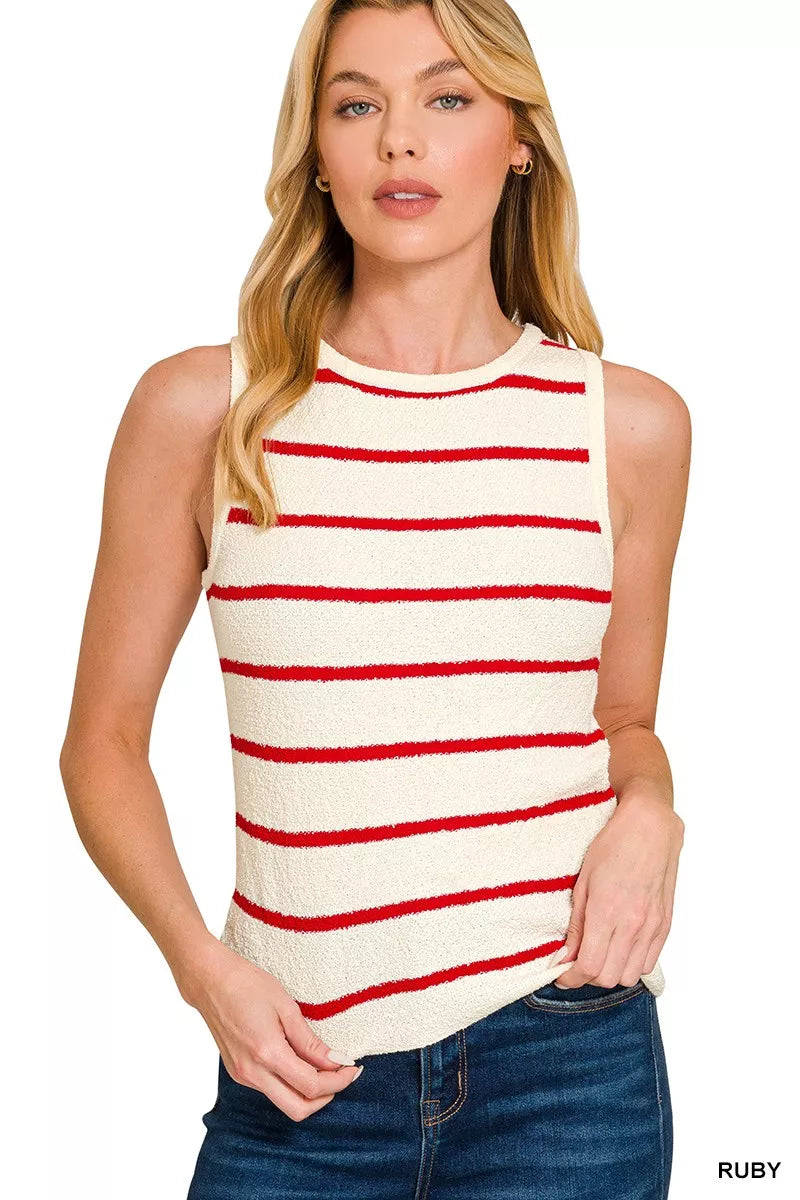 Zenana Round Neck Stripe Knit Tank Top RUBY