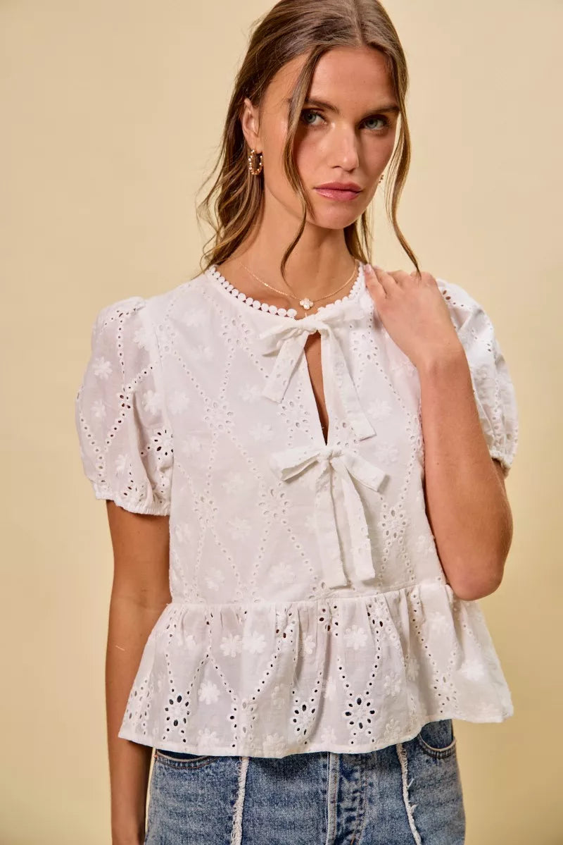 SO ME Cotton Eyelet Front Tie Short Sleeves Blouse