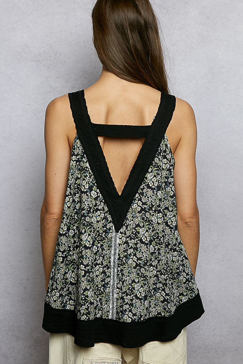 POL Floral V-Neck Tank with Front Pocket
