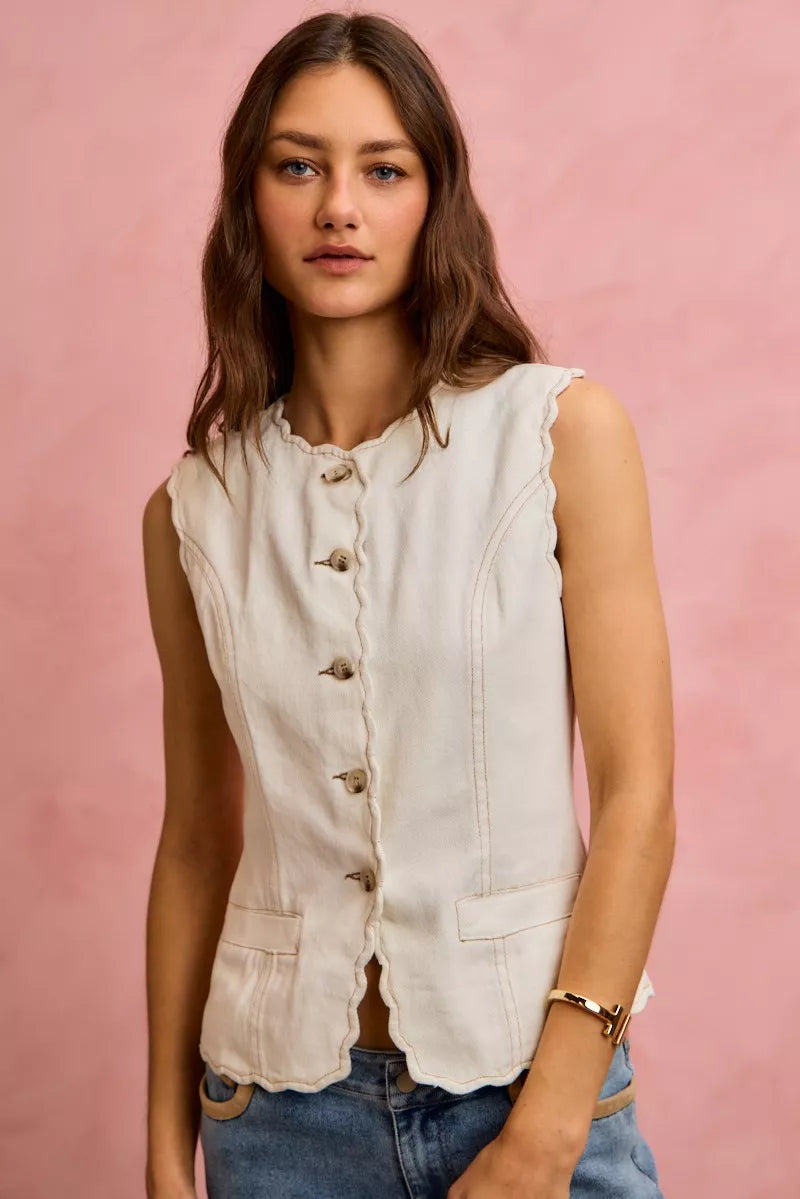 SO ME Scalloped Edge Cotton Twill Washed Vest Top