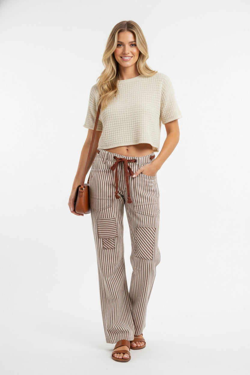 BiBi Drawstring Striped Twill Barrel Pants