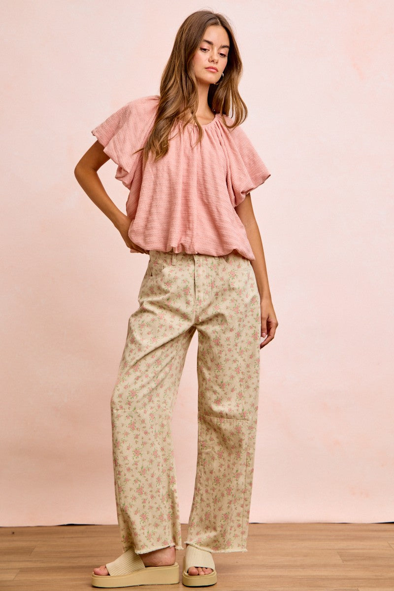 BiBi Stripes Textured Shirred Neckline Bubble Hem Top