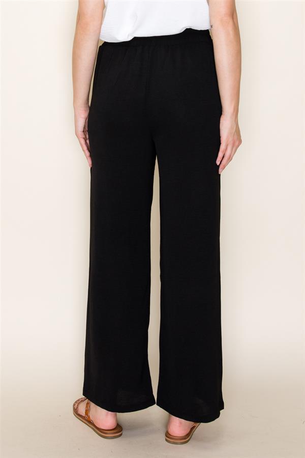 Person wearing black wide-leg pants on a plain background