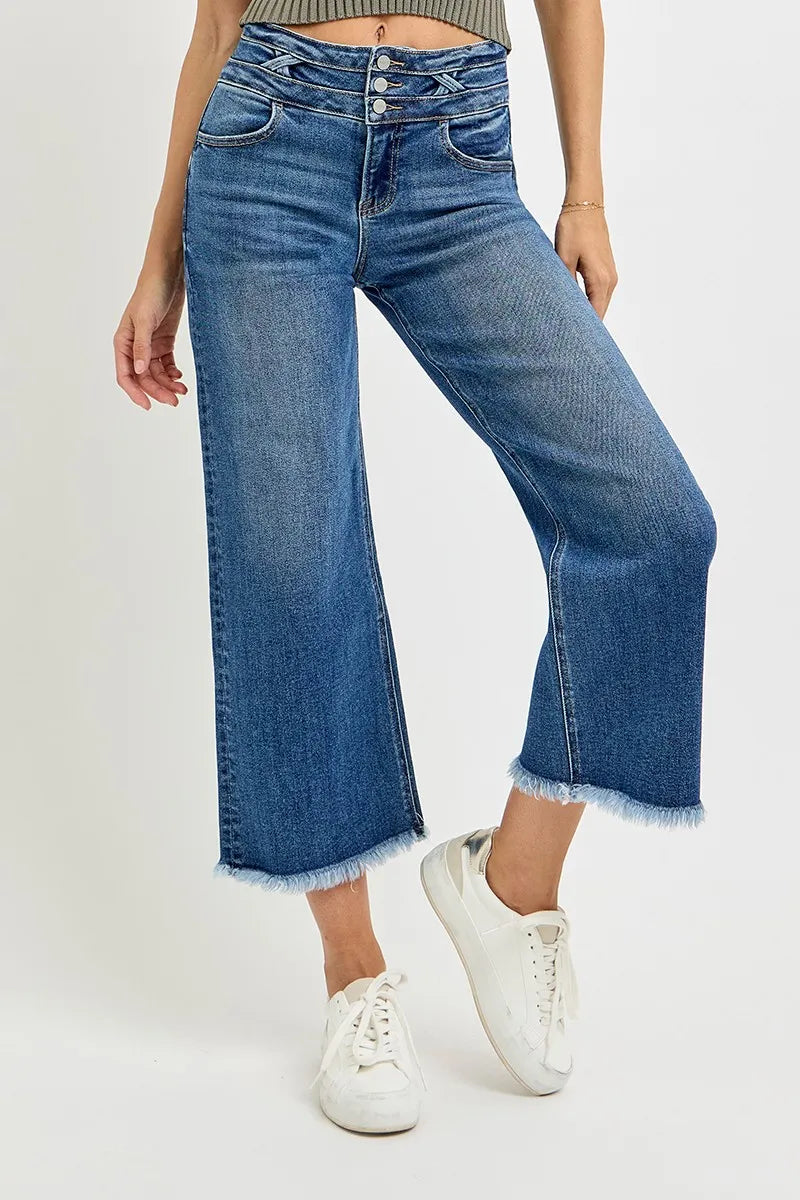 RISEN High Rise Crop Wide Leg Jeans with Wide Band Detail