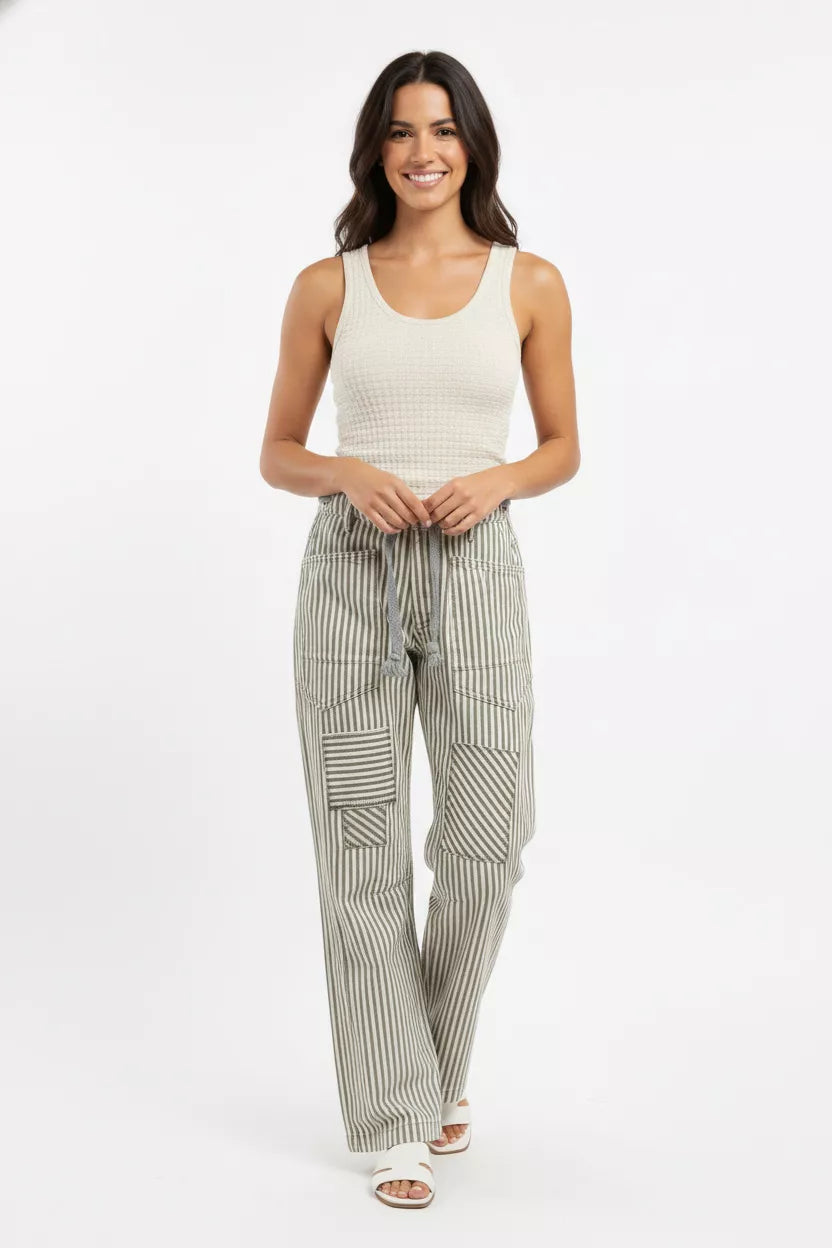 BiBi Drawstring Striped Twill Barrel Pants