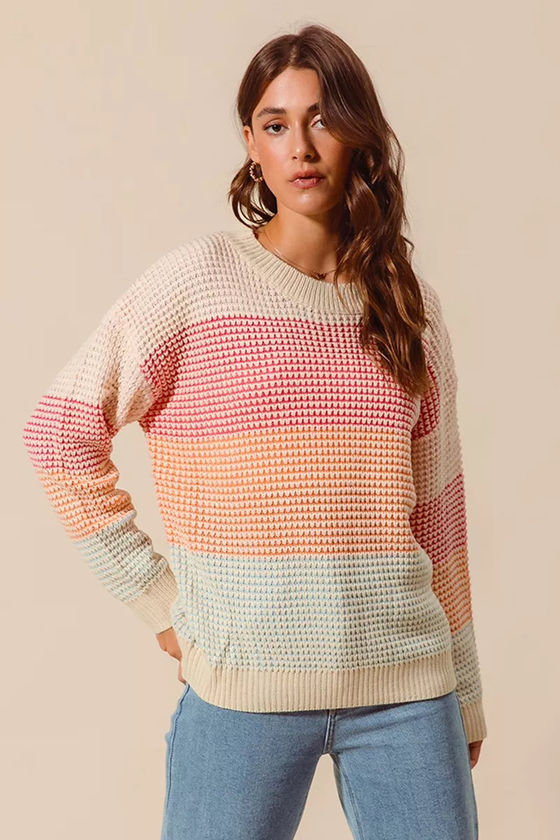 SO ME Multi Color Block Long Sleeve Sweater OATMEAL COMBO