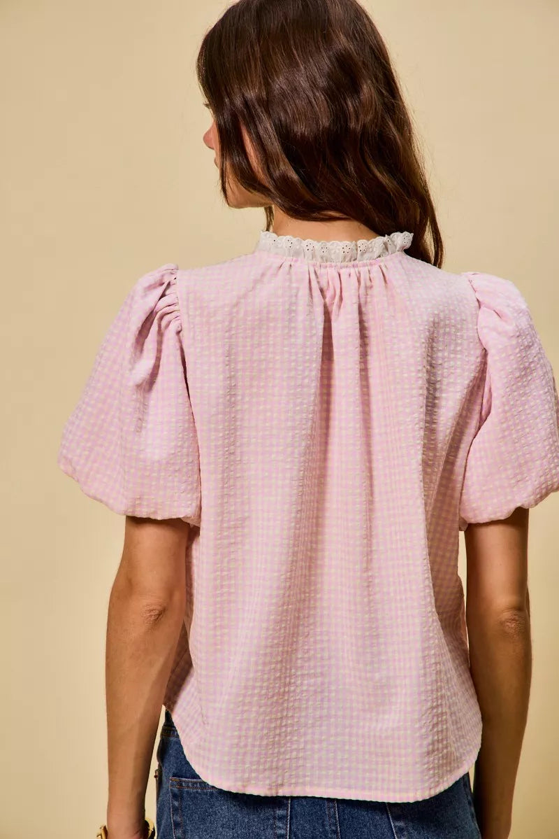 SO ME Gingham Lace Trim Button Bubble Sleeves Blouse
