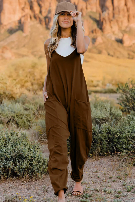 Double Take Full Size V-Neck Sleeveless Jumpsuit with Pockets Coffee Brown