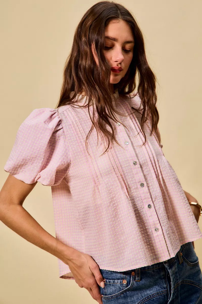 SO ME Gingham Lace Trim Button Bubble Sleeves Blouse