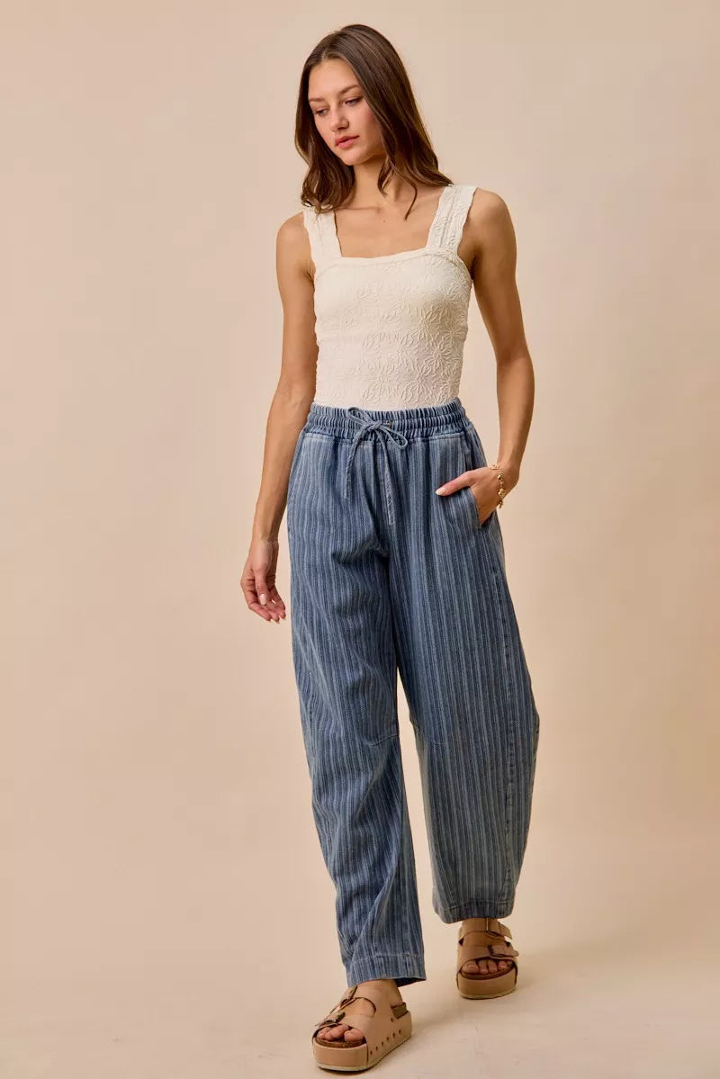 SO ME Stripe Denim Barrel Jeans Drawstring Waistband