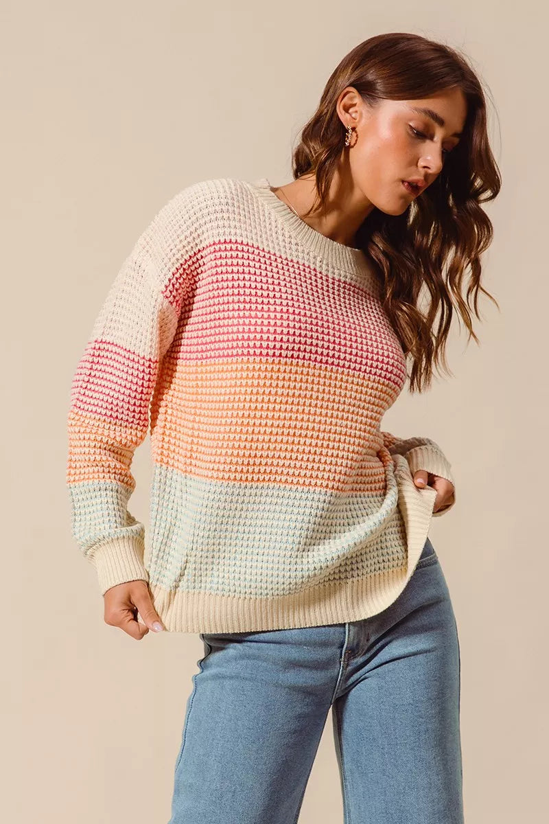 SO ME Multi Color Block Long Sleeve Sweater