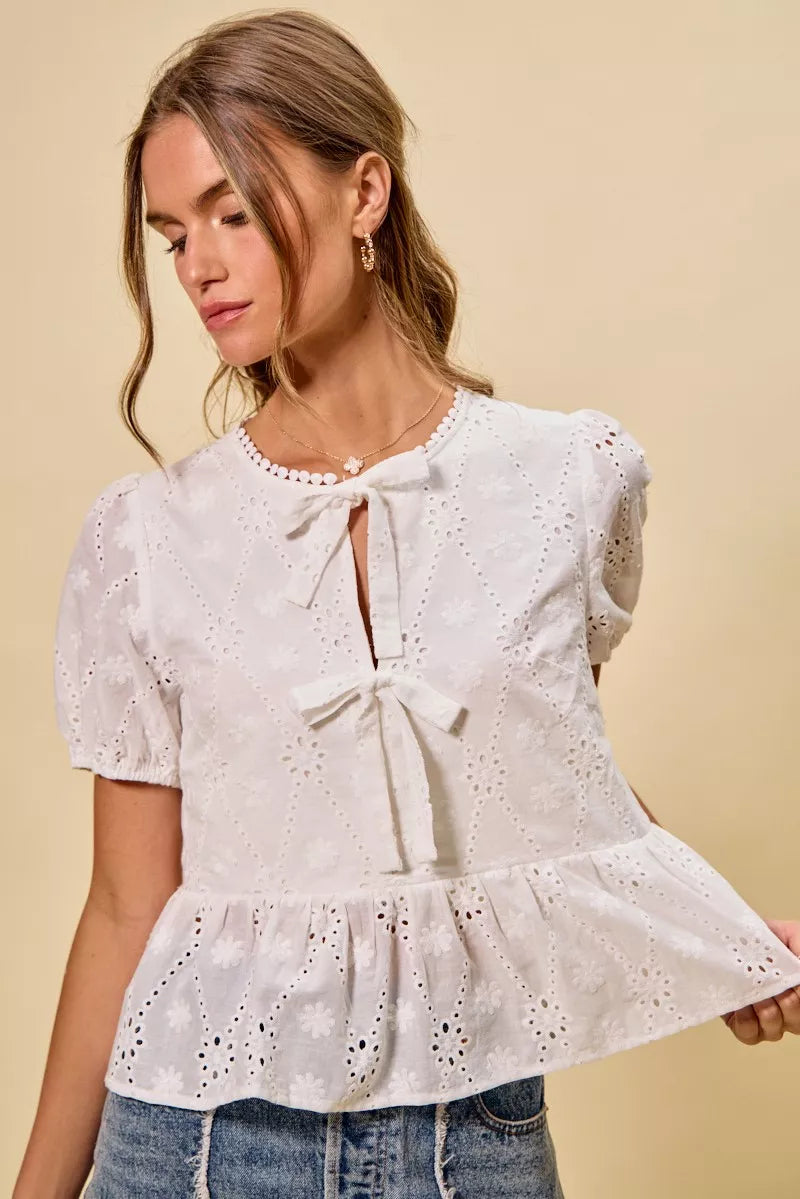 SO ME Cotton Eyelet Front Tie Short Sleeves Blouse